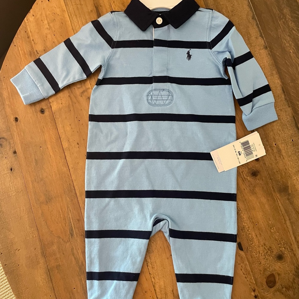 Ralph Lauren Light Blue and Black Striped Footie